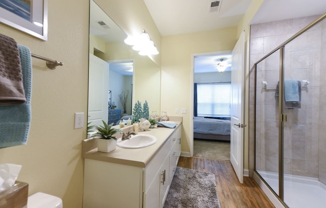 a bathroom with a large mirror and a walk in shower