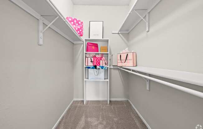 a walk in closet with shelves and a shelf with a pink bag on it