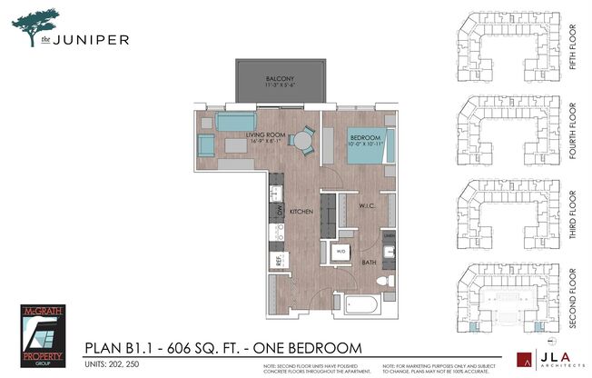 1 bed, 1 bath, 606 sqft, $1,560, Unit 202