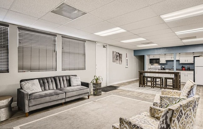 lounge area and kitchen in the clubhouse