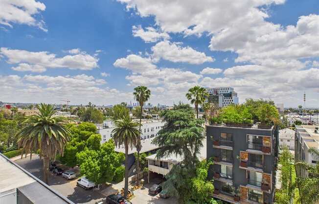 A view of a cityscape with a building in the foreground and palm trees scattered throughout.