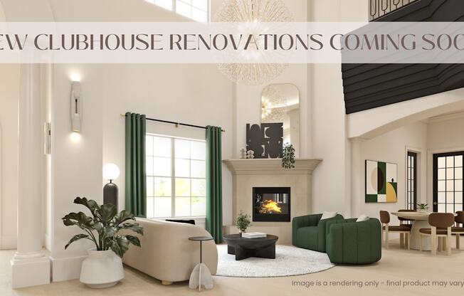 A rendering of a clubhouse interior with a fireplace, sofas, and a dining table.