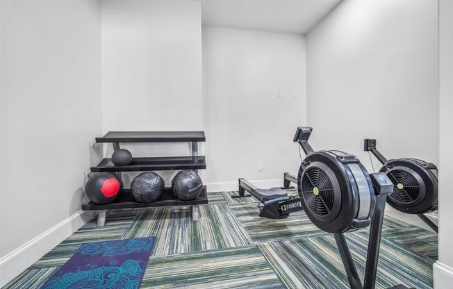 A room with a row of exercise bikes and a row of exercise balls.