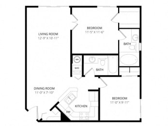 2 beds, 2 baths, 833 sqft, $1,330