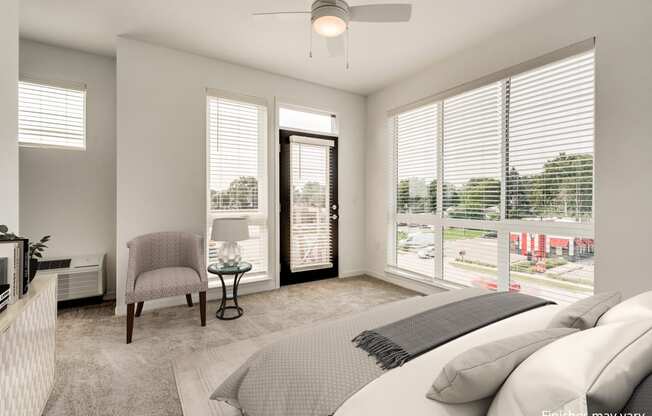 a bedroom with a bed and a chair