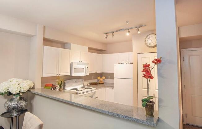 Open kitchen with updated white appliances at Metropolitan Collection Apartments, Washington, 98057