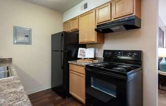 a kitchen with black appliances and wooden cabinets and a black refrigerator