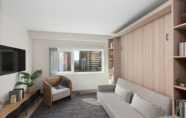 Model apartment with murphy bed stored