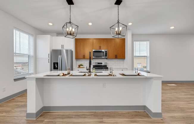 a kitchen with a large counter top and a sink at Meridian at CityPlace, Minnesota, 55125