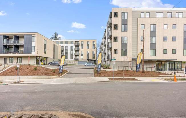 a view of a street in front of a building