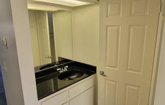 Outer vanity of bathroom at Northwood Apartments in Upland, California.