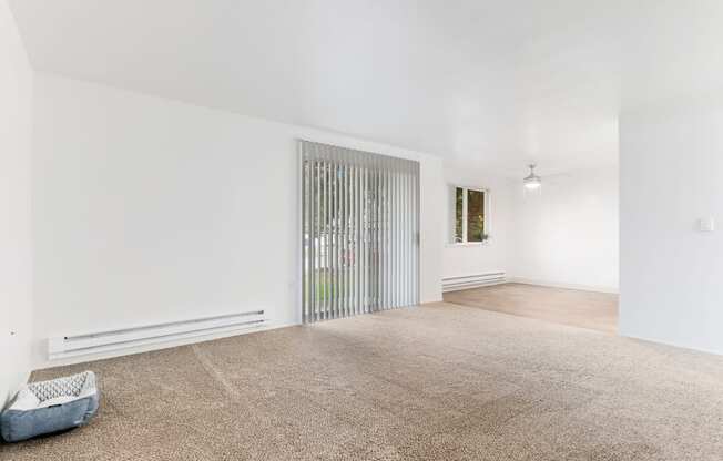 a living room with white walls and carpet and a sliding glass door