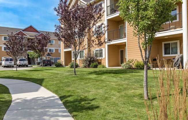 our apartments have a spacious courtyard with grass and trees