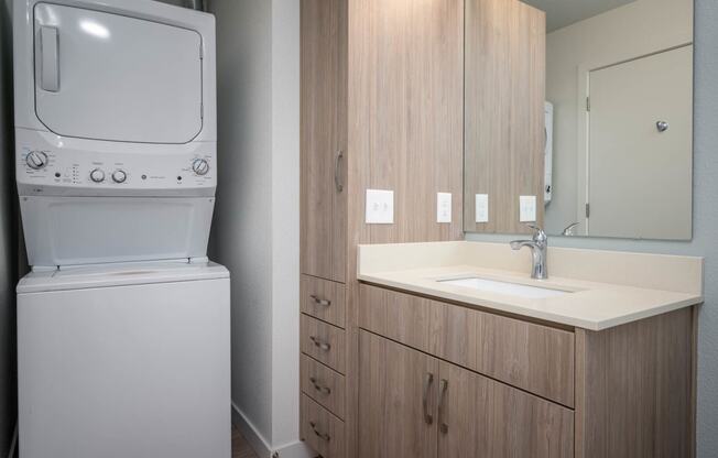 The Byway | #201 Large Primary Bathroom with Wood Cabinetry, Stackable Washer and Dryer