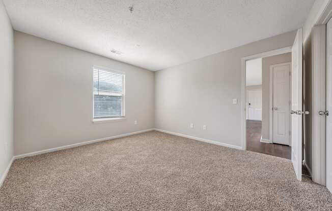 A room with a carpeted floor and a window with blinds.