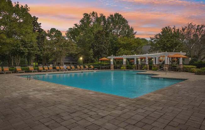 A large swimming pool surrounded by trees and lounge chairs.