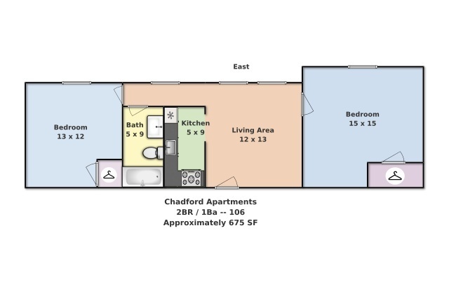 2 beds, 1 bath, 675 sqft, $1,475, Unit 106