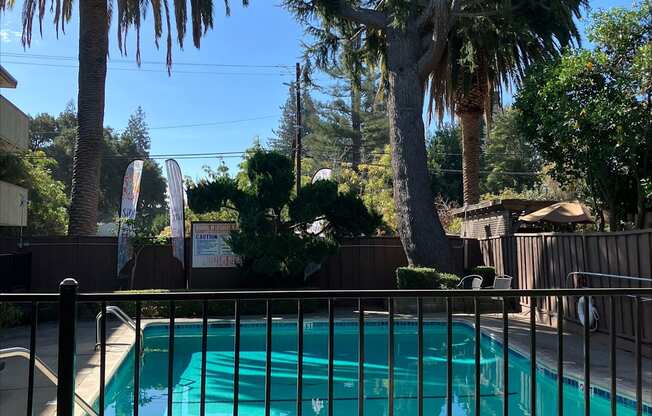 a swimming pool in a backyard with palm trees