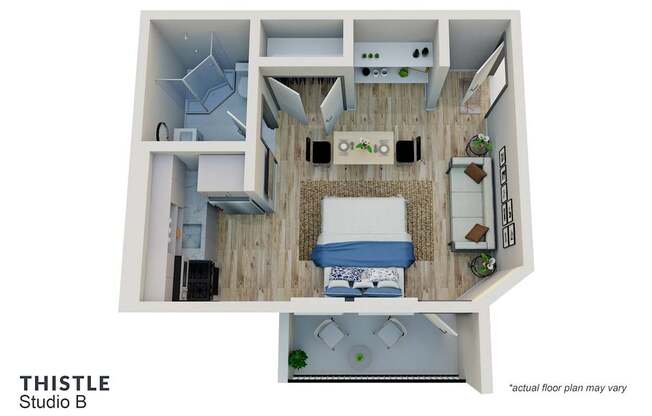 A 3D floor plan of a studio apartment with a kitchen, living room, and bedroom.