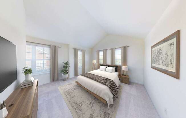 A bedroom with a large bed and a flat screen TV.