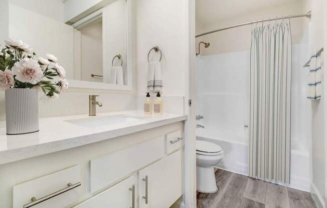 A white bathroom with a toilet, sink, and shower.