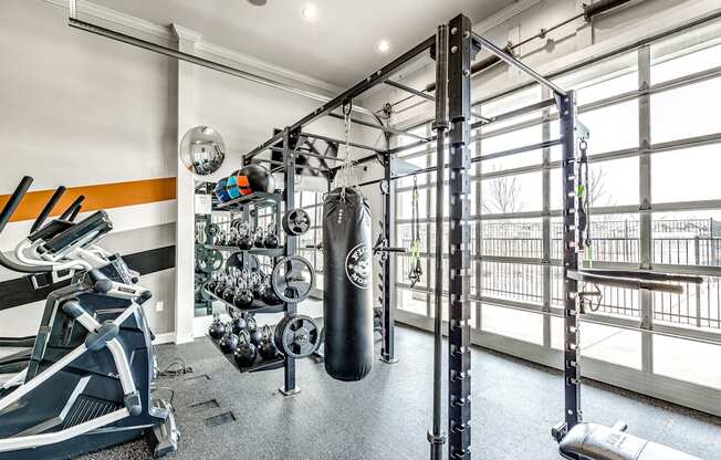 a home gym with a punching bag and weights