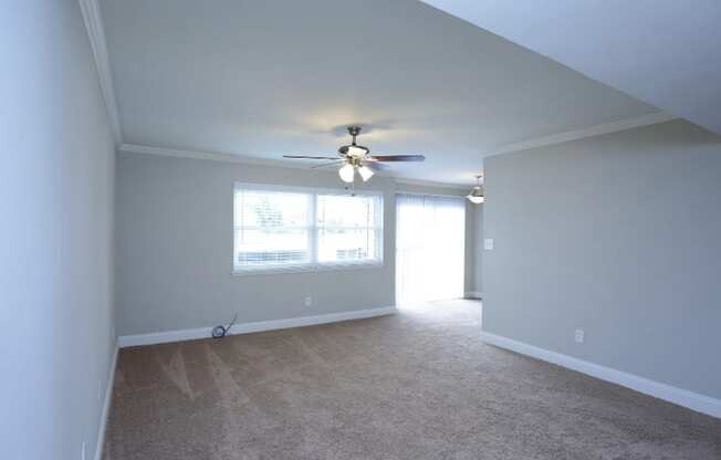 A room with a ceiling fan and carpeted floor.