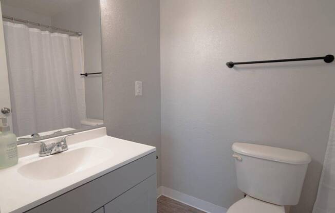 A white toilet sits next to a sink in a bathroom.