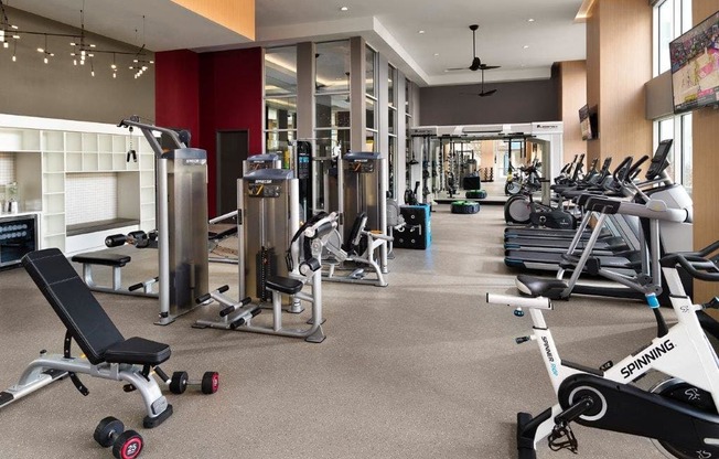 a gym with weights and cardio equipment in a large room