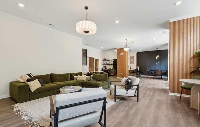 A living room with a green couch and a white rug.
