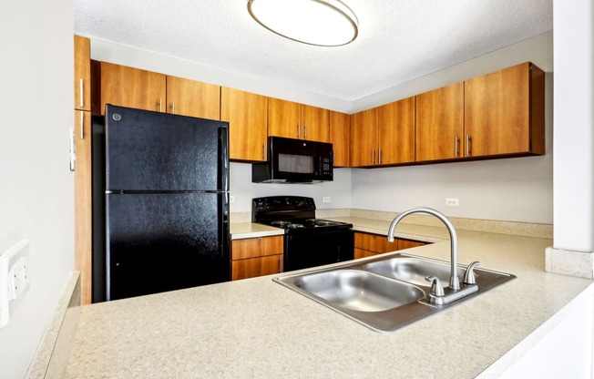 a kitchen with a sink and a black refrigerator