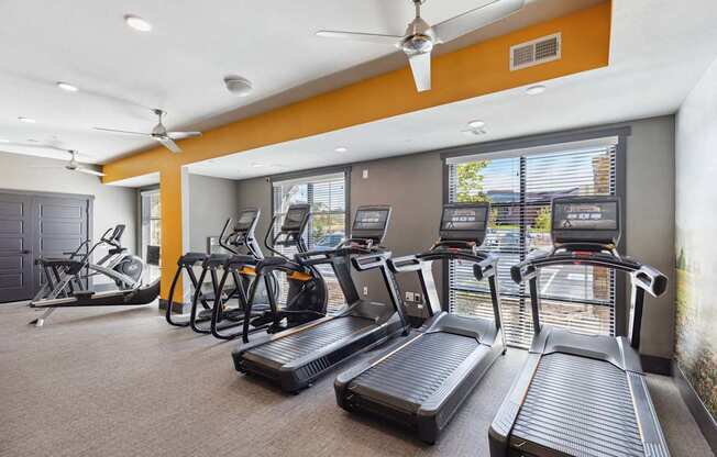 A gym with treadmills, elliptical machines, and a fan.