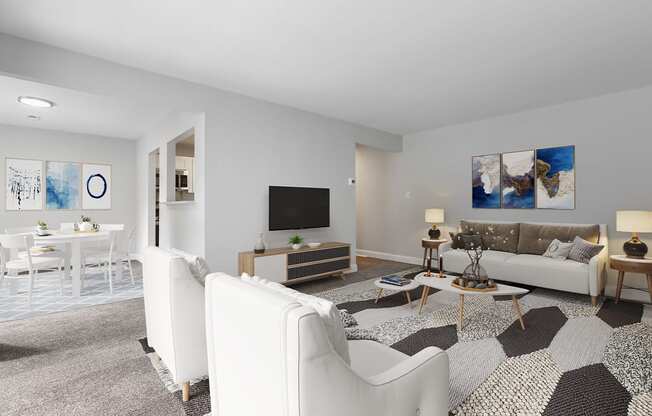 a living room with white couches and chairs and a large rug at Padonia Village Apartments, Timonium MD