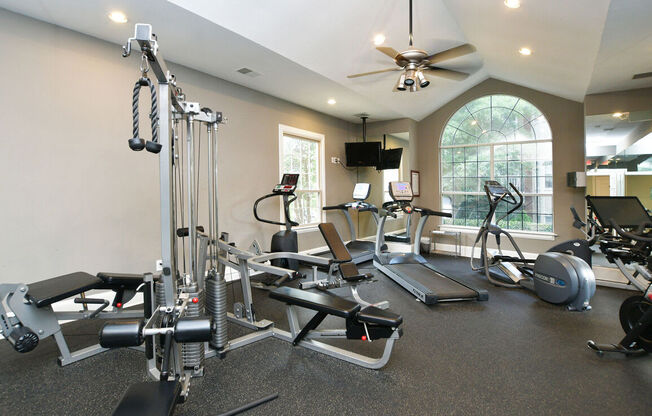 A well equipped gym with a variety of exercise equipment.at Braxton Woods Lake, Greenville, SC 29607