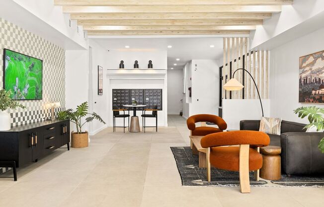 A modern living room with a black and white checkered wall and a wooden ceiling.