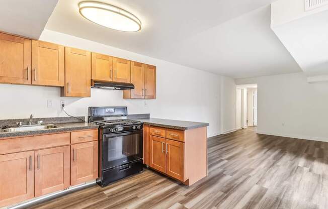 a kitchen with wooden cabinets and a stove and a sink