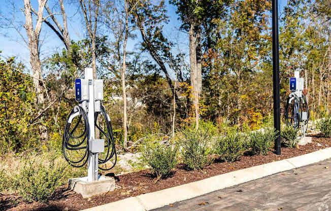 A charging station for electric vehicles is located in a landscaped area.