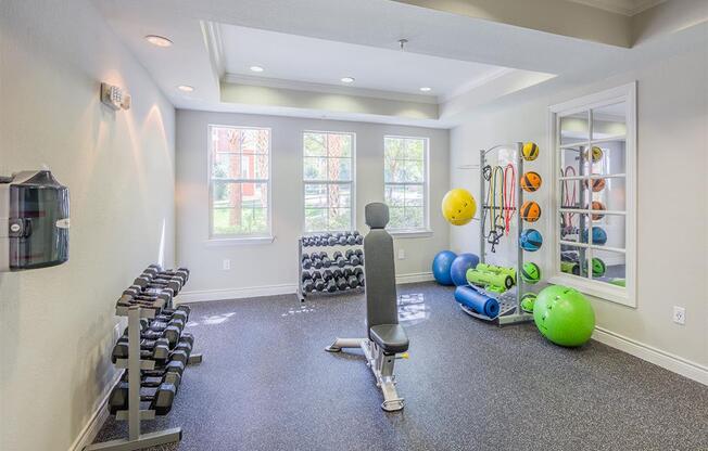 Tallahassee, FL apartment complex premium fitness center with exercise equipment, dumbells, padded flooring, and high ceiling at Evergreen at Mahan
