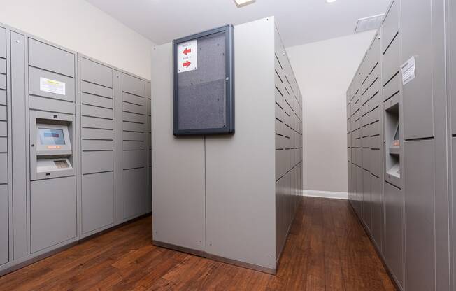 a row of gray lockers