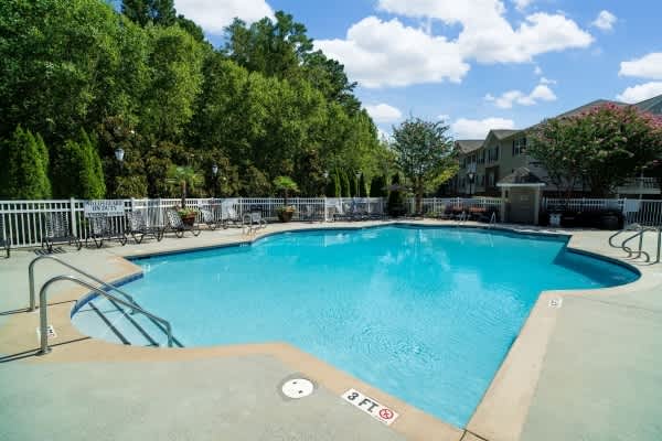 A large outdoor swimming pool surrounded by trees and a fence.