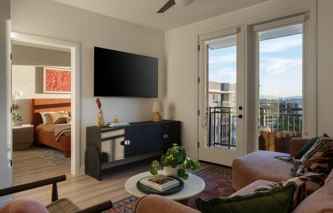 A sunlit living space with warm textures, layered tones, and balcony views that extend your living area outdoors.