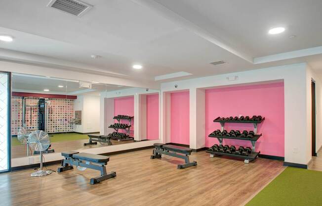 A gym with pink walls and a green mat.