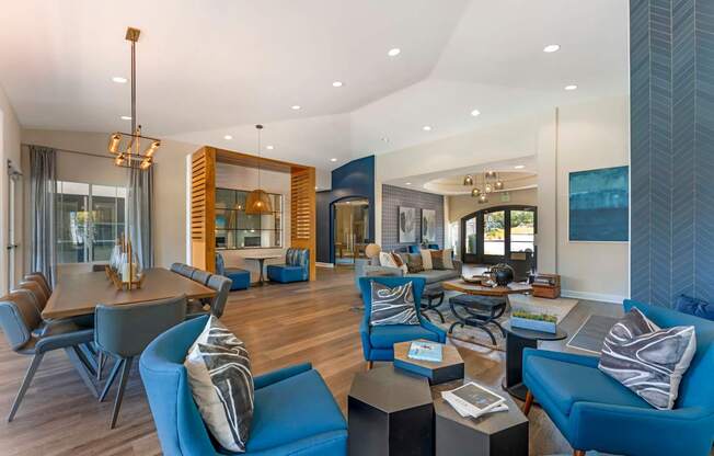 The clubhouse at Ascent at the Galleria is welcoming to all, offering plenty of comfortable seating for residents and guests to gather, relax, and enjoy time together.