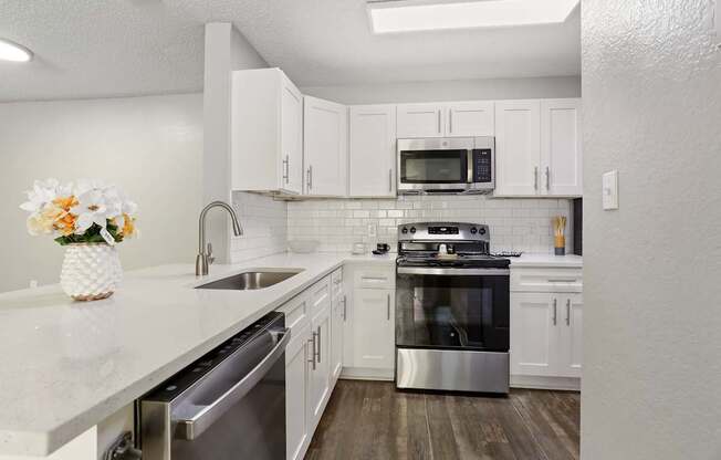 Model kitchen with stainless steel appliances at Hunters Green in Tampa, Florida.
