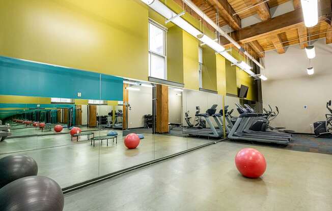 a gym with cardio equipment and exercise balls on the floor at Lowertown Commons Apartments, St. Paul, 55101