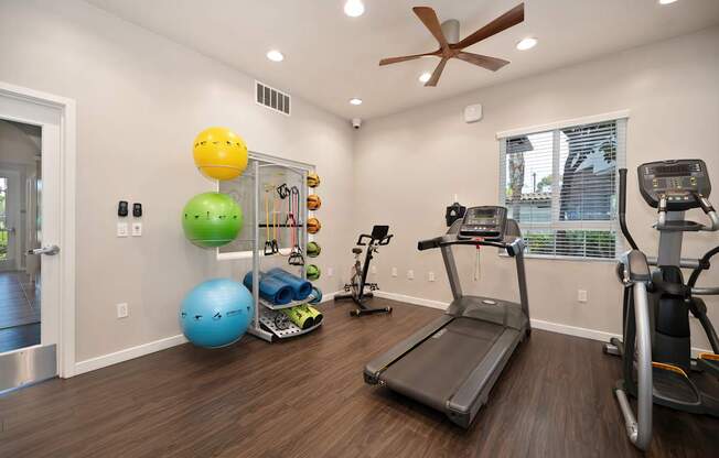 A room with a treadmill, exercise ball, and other fitness equipment.