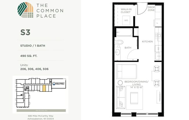 Studio, 1 bath, 490 sqft, $1,325, Unit 304