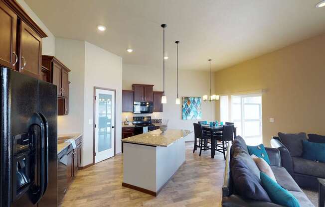 kitchen, island, cabinets, pantry, dining area