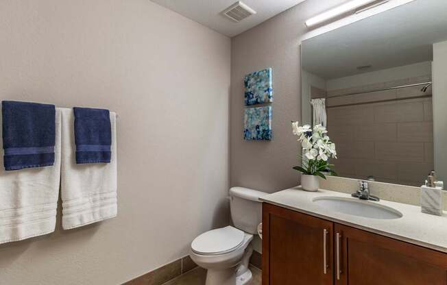 A bathroom with a toilet, sink, and towels.