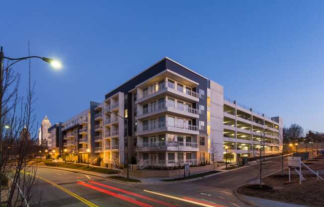 picture of an apartment building at night